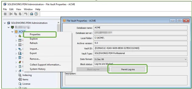 SOLIDWORKS PDM Admin File Vault Properties