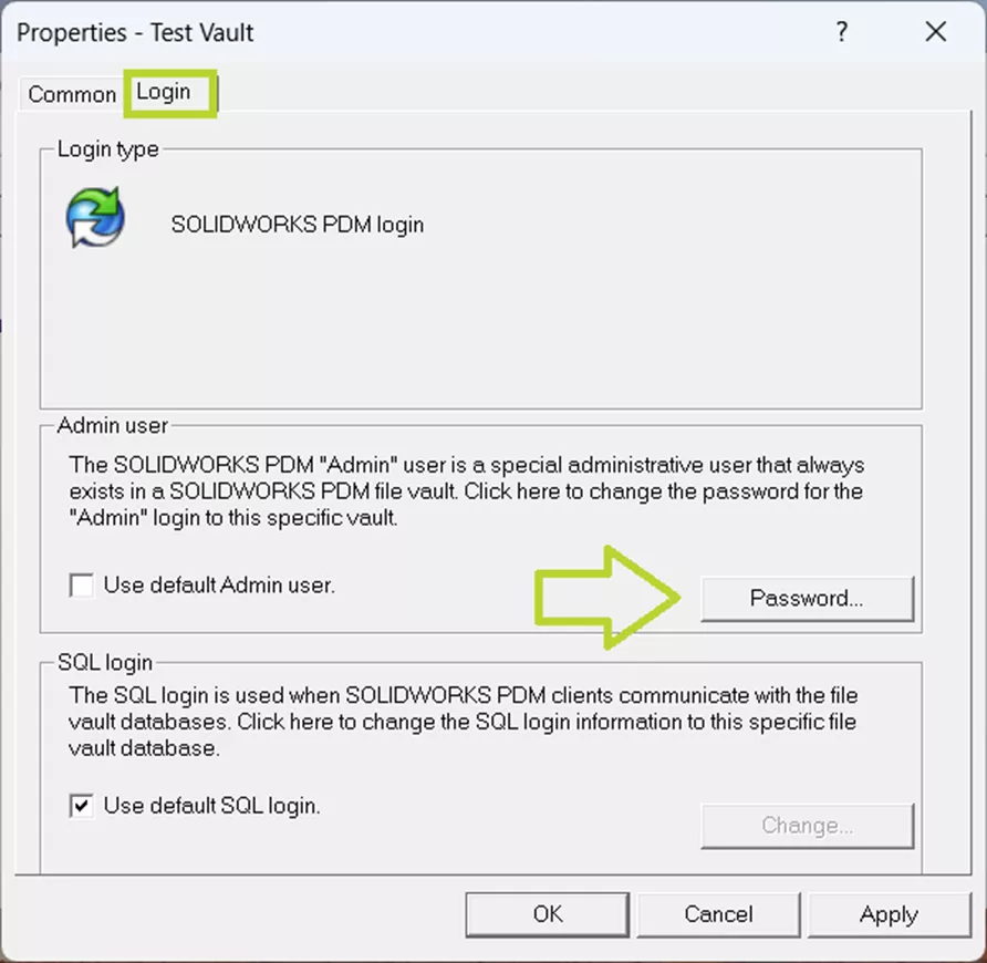SOLIDWORKS PDM Admin Password Rest Test Vault