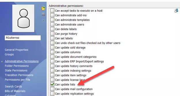 SOLIDWORKS PDM Administrative Permissions Can Update Lists