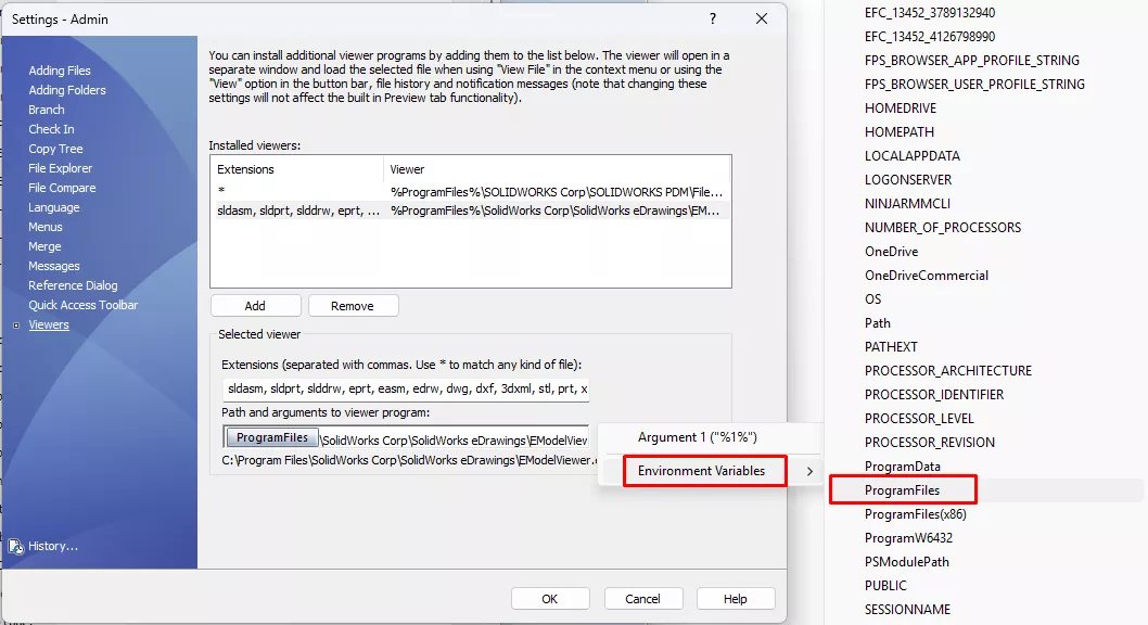 SOLIDWORKS Extension Path Admin Settings