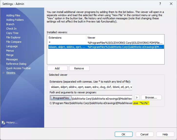 SOLIDWORKS PDM Admin Viewer Settings