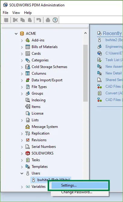 SOLIDWORKS PDM Administration Settings