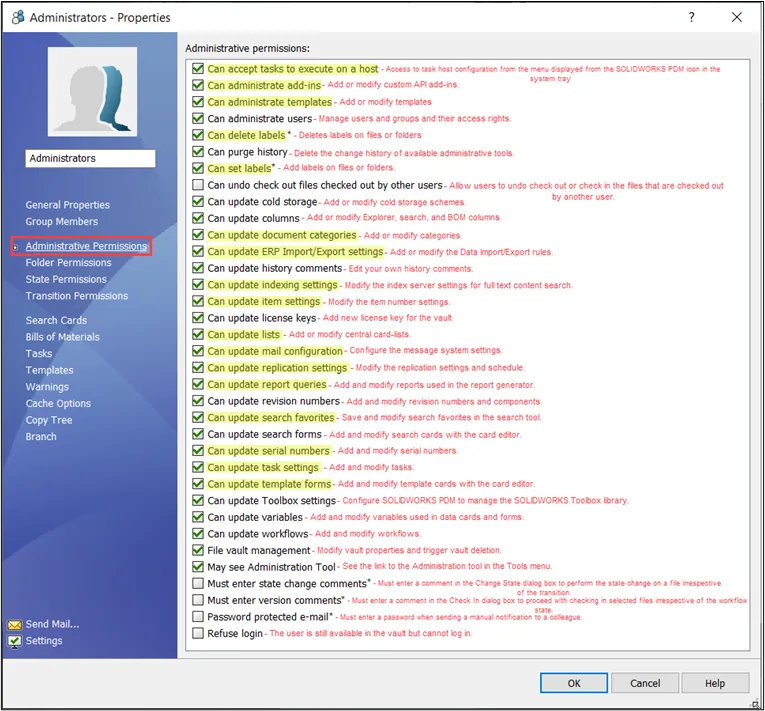 SOLIDWORKS PDM Administrative Permissions