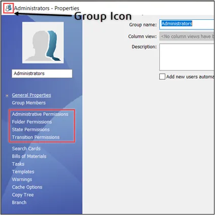 SOLIDWORKS PDM Administrator Group Property Window