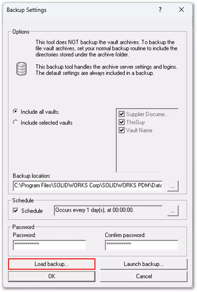 SOLIDWORKS PDM Archive Server Backup Settings Load Backup Button