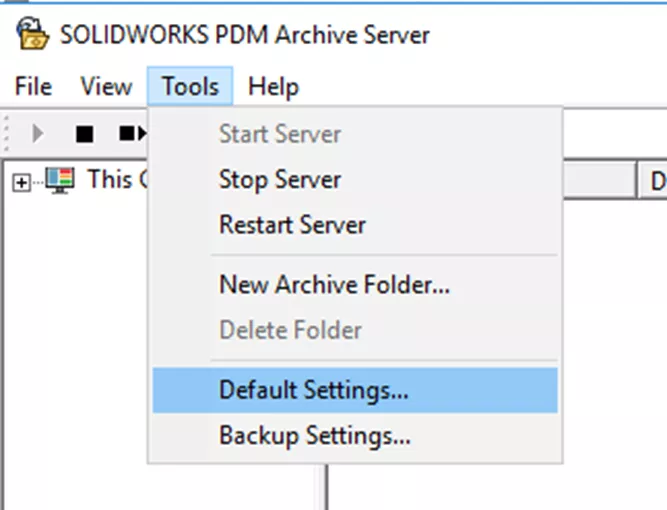 SOLIDWORKS DM Archive Server Default Settings Option 