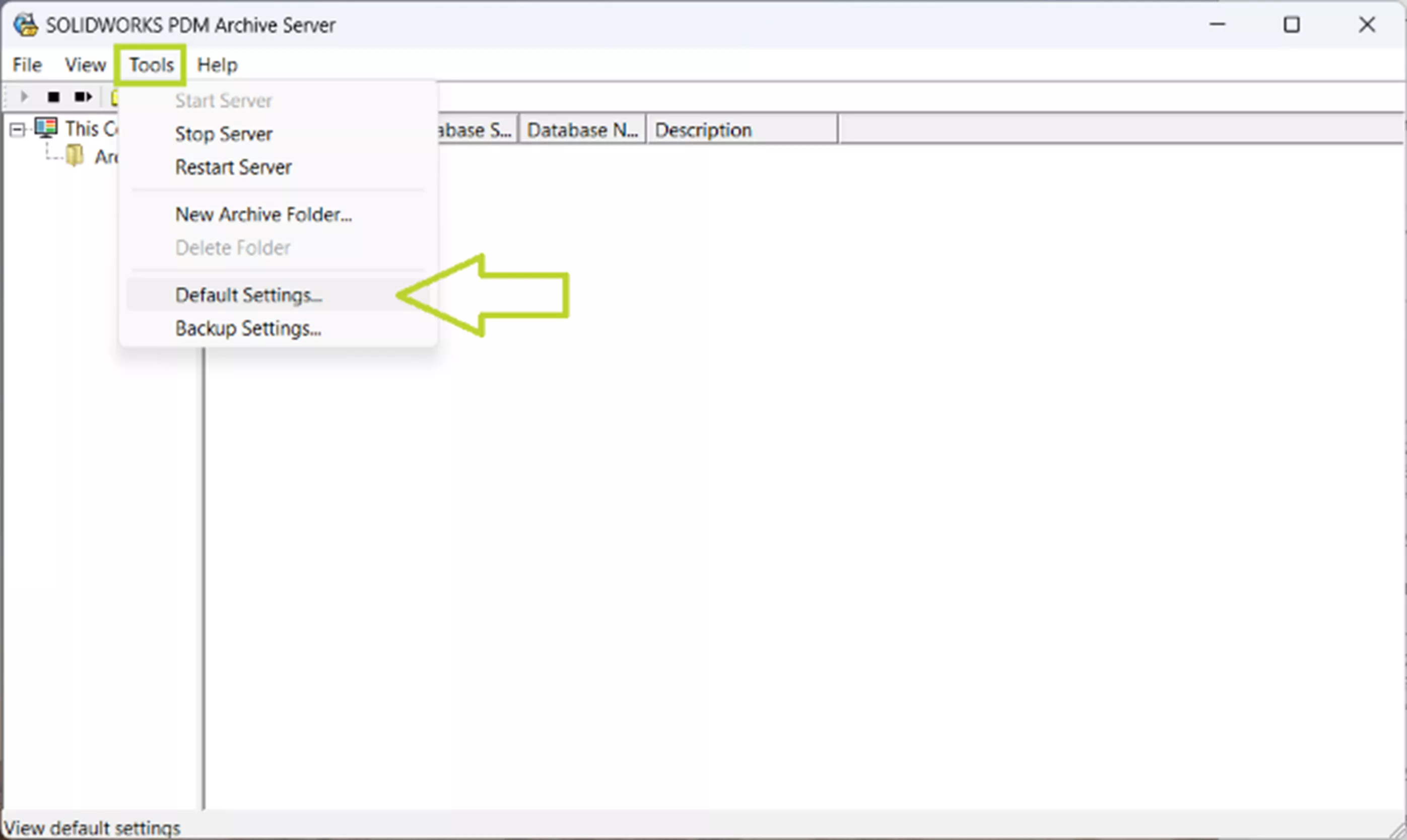 SOLIDWORKS PDM Archive Server Default Settings
