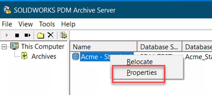 Properties SOLIDWORKS PDM Archive Server