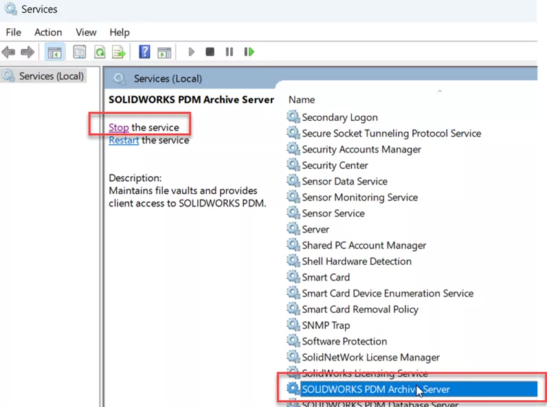 SOLIDWORKS PDM Archive Server Stop The Service