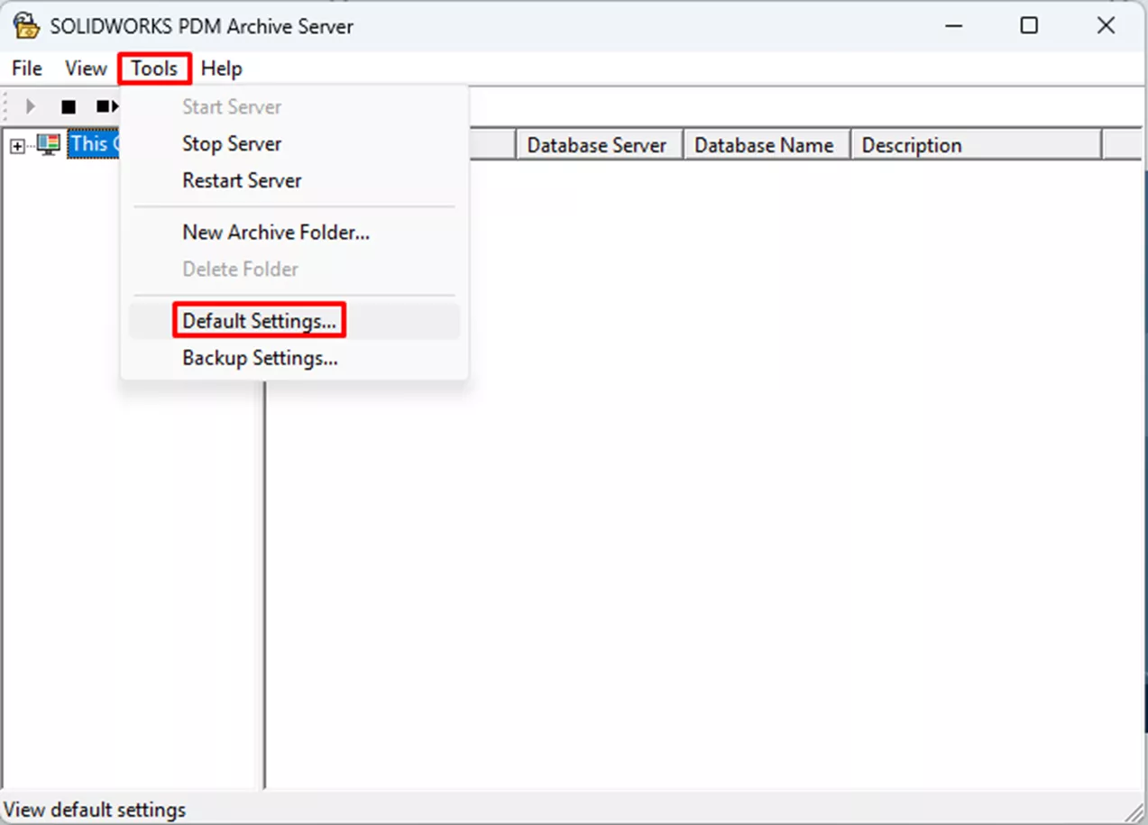 SOLIDWORKS PDM Archive Server Tools Tab Default Settings
