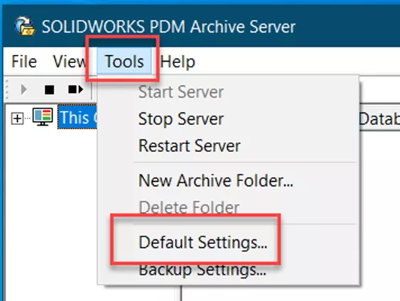 Default Settings SOLIDWORKS PDM Archive Server Tools 