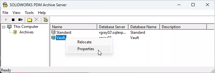 SOLIDWORKS PDM Vault Properties in the Archive Server