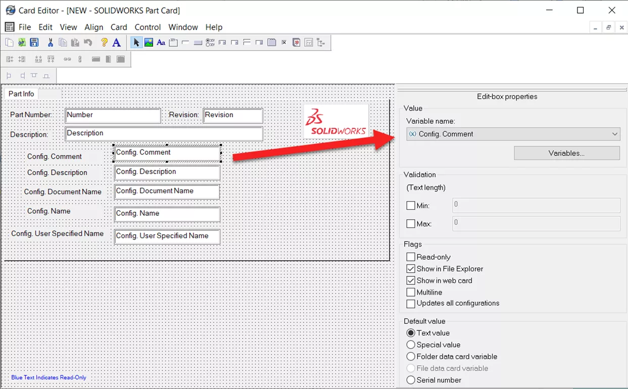 Assign a Variable to a Data Card Edit Box in SOLIDWORKS PDM 