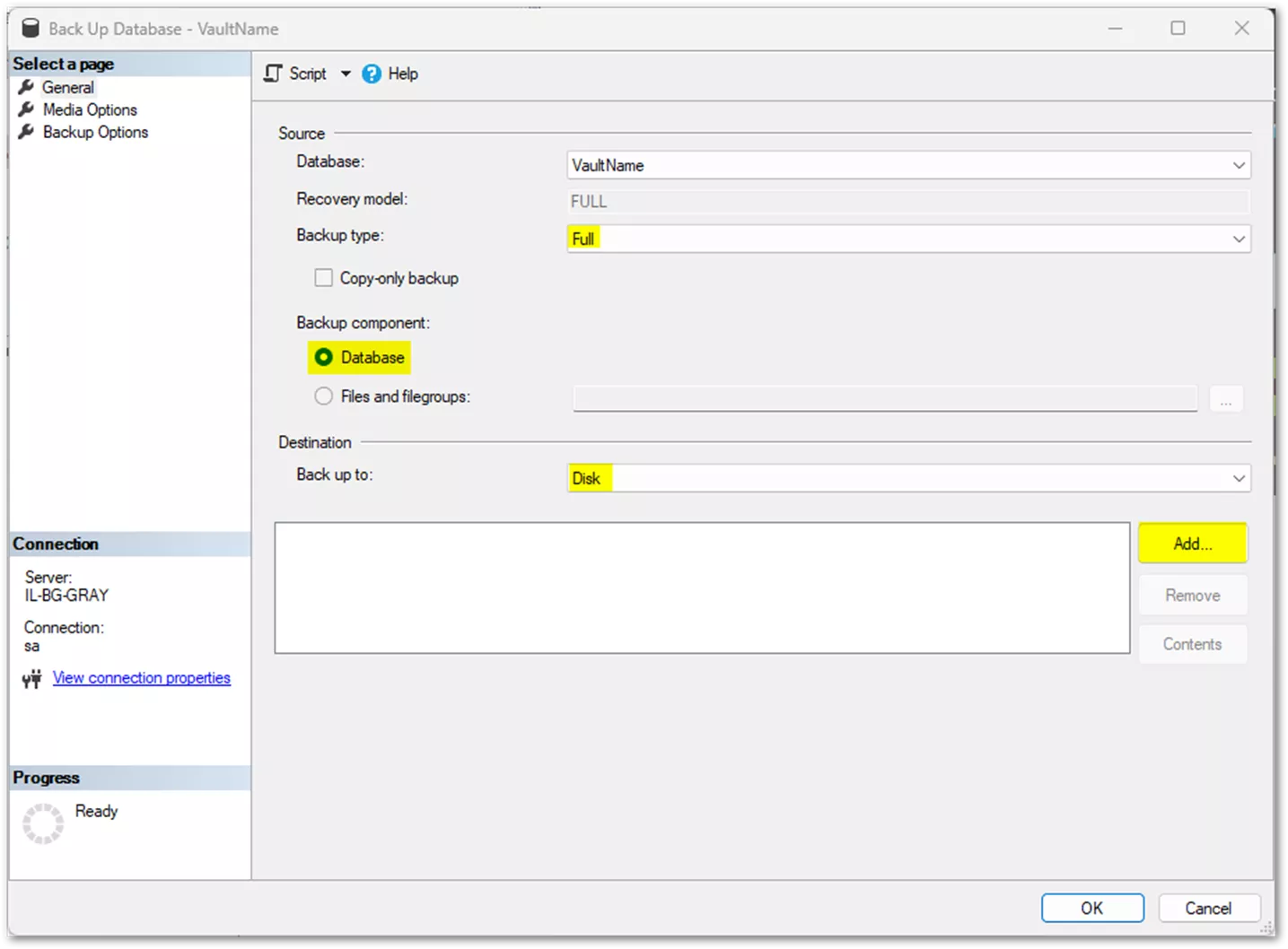 SOLIDWORKS PDM Back Up Databases VaultName Settings