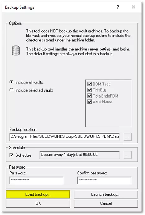 SOLIDWORKS PDM Backup Settings Load Backup Button