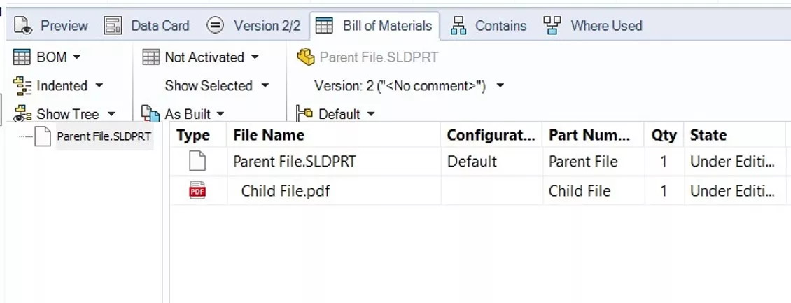 SOLIDWORKS PDM Bill of Materials Tab