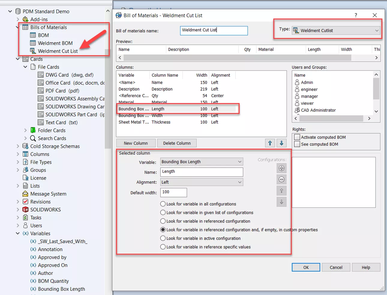 SOLIDWORKS PDM Bill of Materials Weldment Cut List