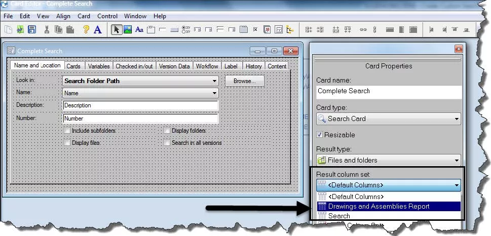 SOLIDWORKS PDM Card Properties Result Column 