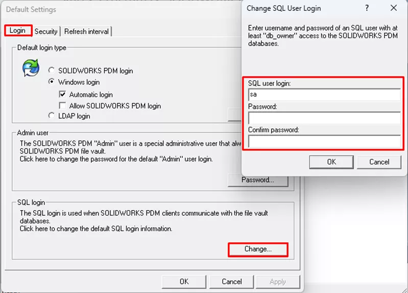 SOLIDWORKS PDM Change SQL User Login Dialog