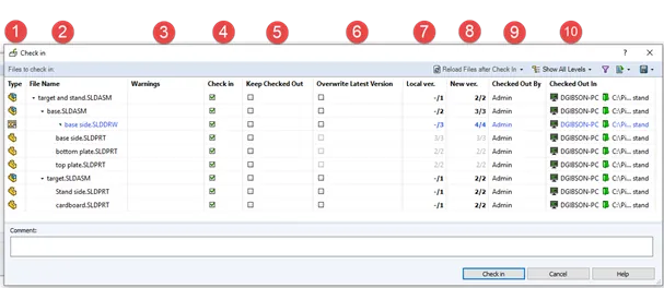 solidworks pdm check-in dialog box