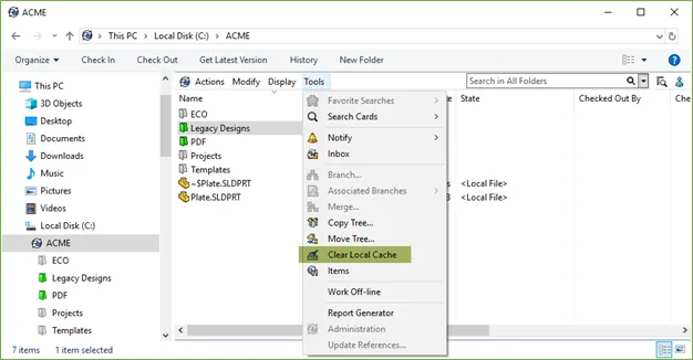 SOLIDWORKS PDM Clear Local Cache