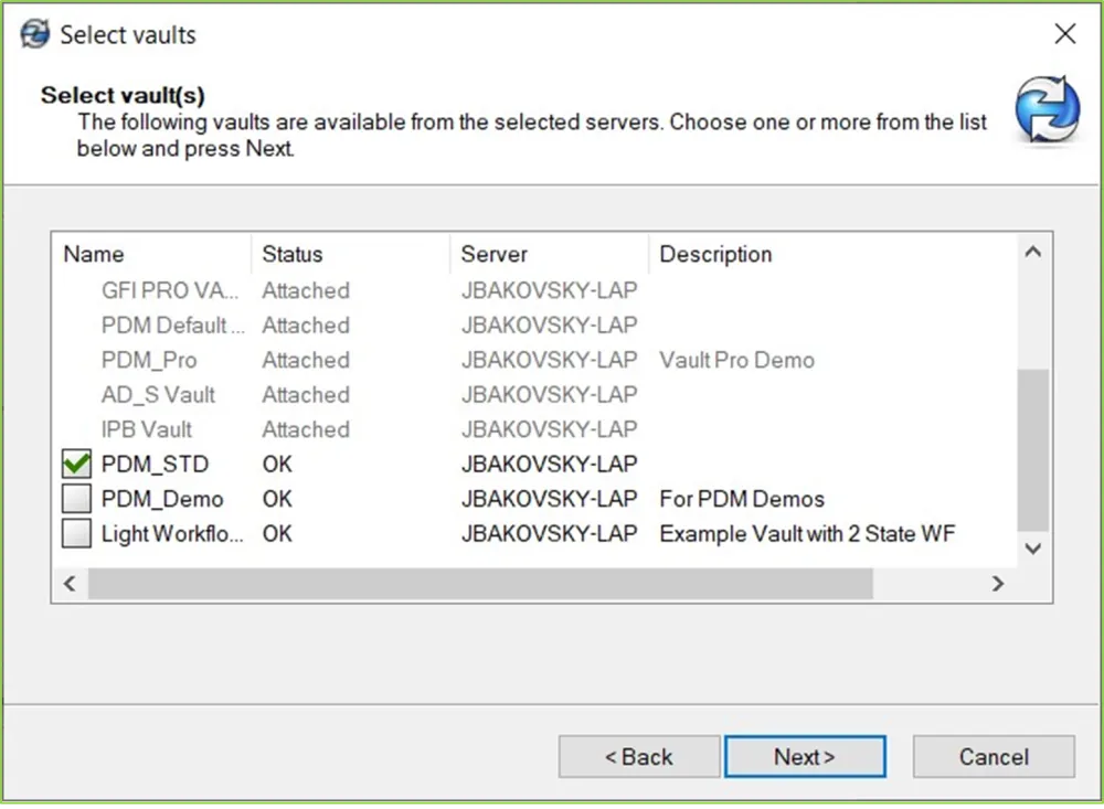 SOLIDWORKS PDM Client Installation Select Vault to Attach