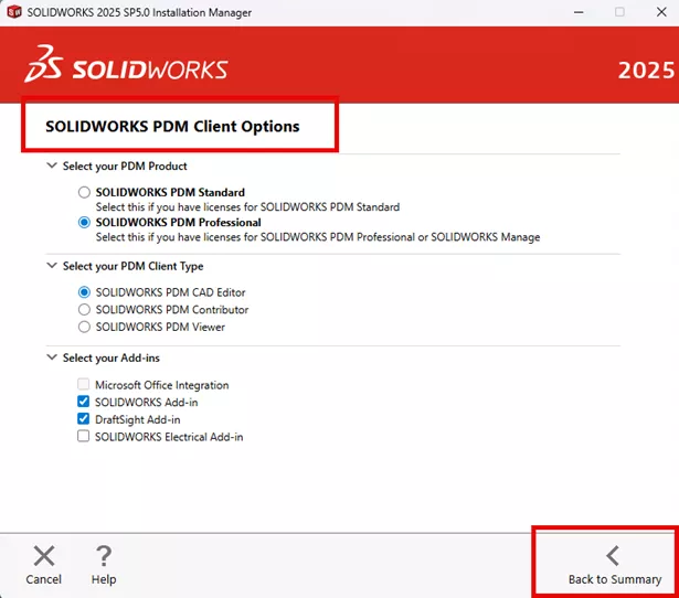 SOLIDWORKS PDM Client Options in the Installation Manager