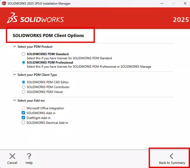 SOLIDWORKS PDM Client Options: Product, Type, and Add-ins