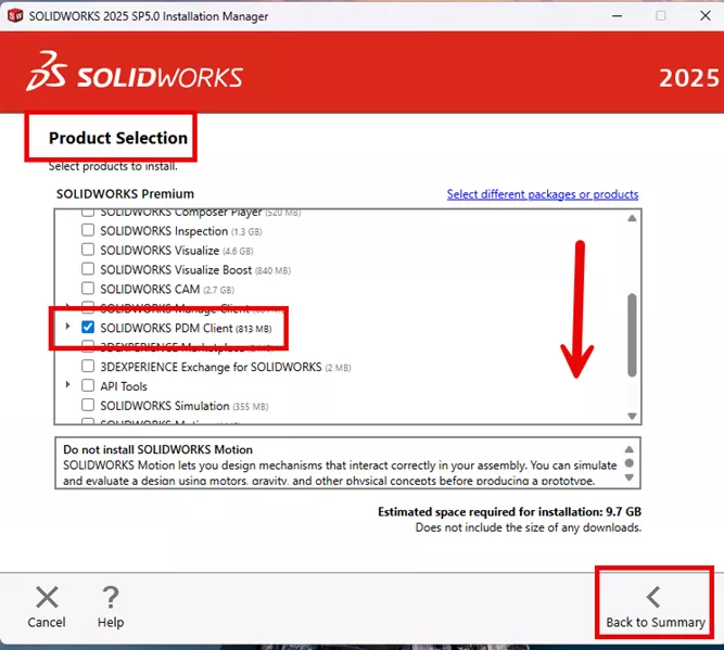 SOLIDWORKS PDM Client Selection in the Installation Manager