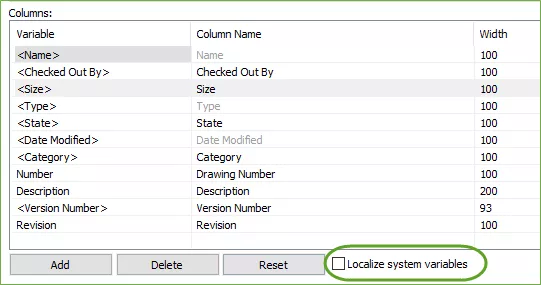 SOLIDWORKS PDM Columns Localize System Variables Option 