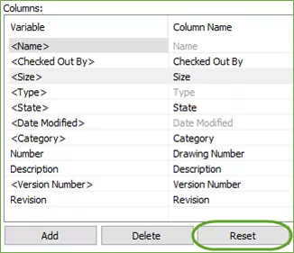 SOLIDWORKS PDM Columns Reset Button 