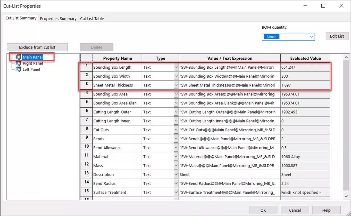 SOLIDWORKS PDM Cut List Properties