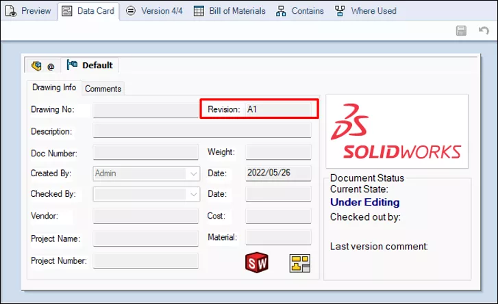 The Data Card for a file, showing the populated Revision variable
