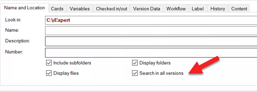 SOLIDWORKS PDM Data Card Variables Search in All Versions Option