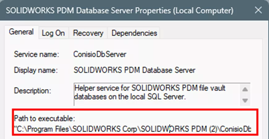 SOLIDWORKS PDM Database Server Properties Path to Executable 