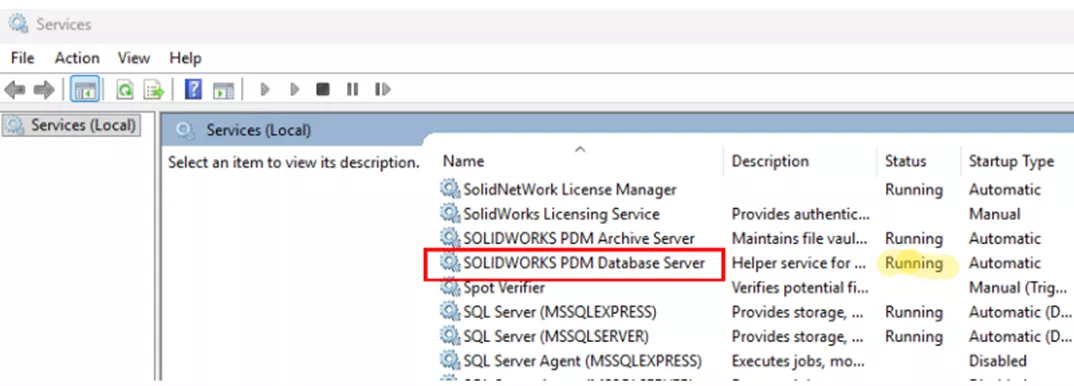 Open Windows Services Application for SOLIDWORK SPDM Database Server