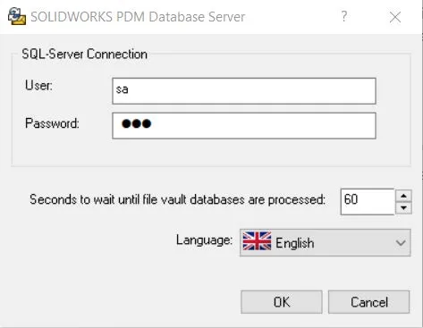 SOLIDWORKS PDM Database server screen