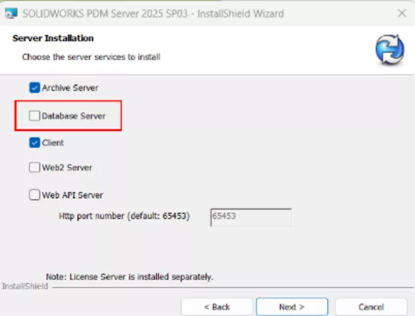 Deselect Database Server in SOLIDWORKS PDM  