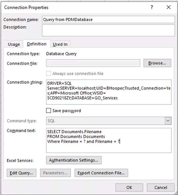SOLIDWORKS PDM Dynamic Reporting Connection Properties