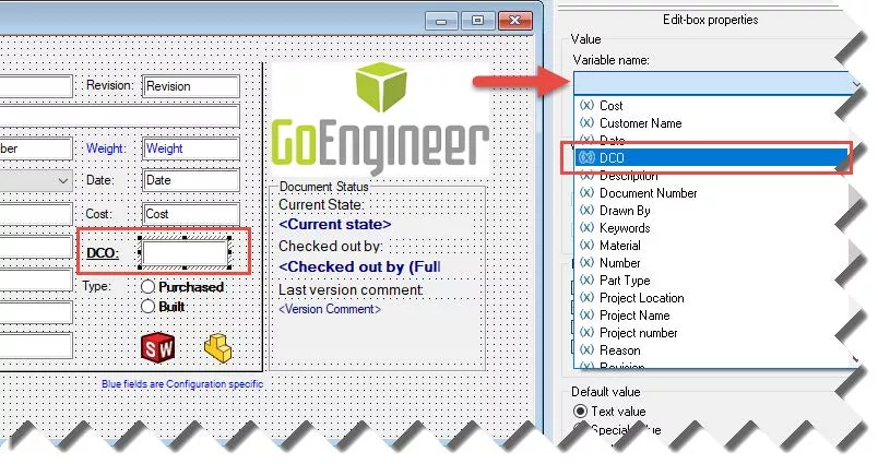 SOLIDWORKS PDM Edit Box Properties