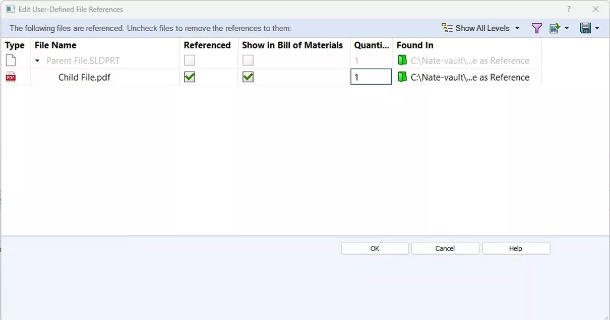 SOLIDWORKS PDM Edit User-Defined File References Dialog