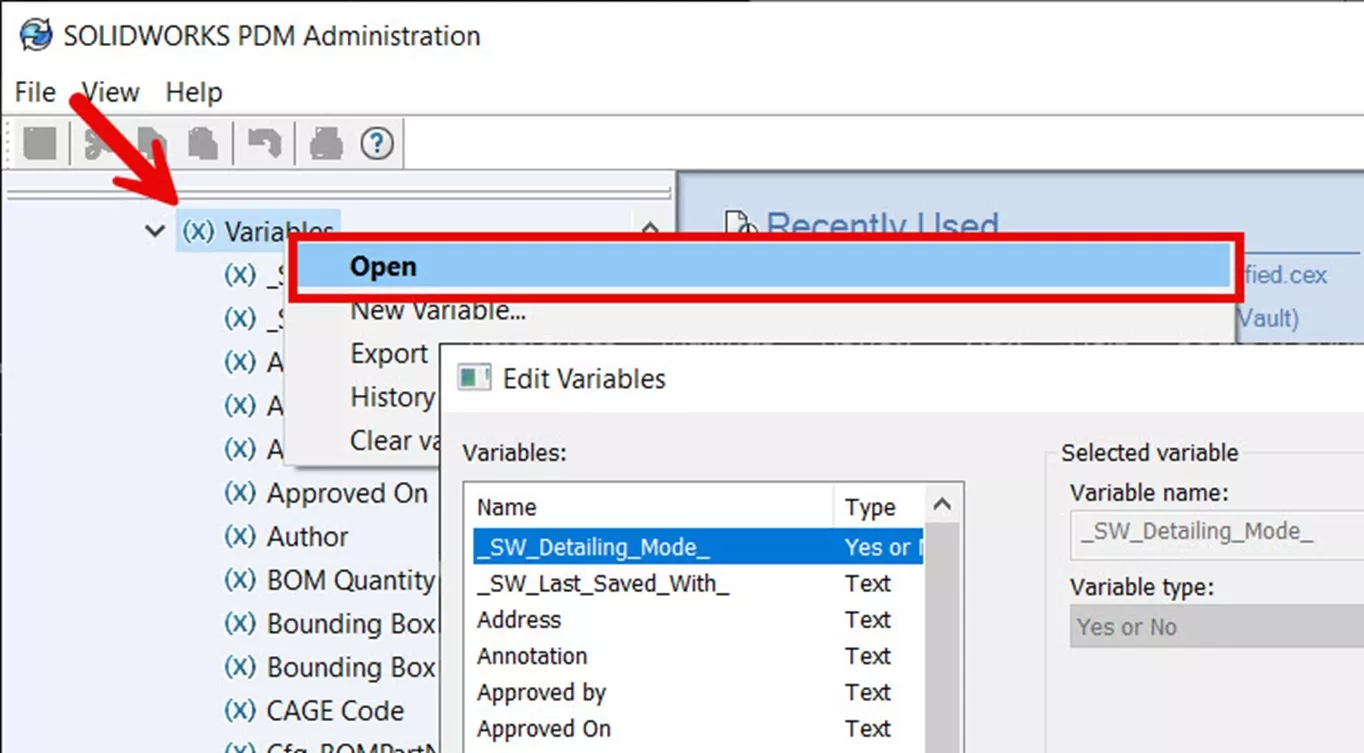 Edit Variables Dialog SOLIDWORKS PDM 