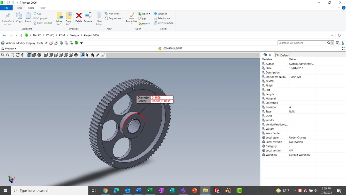 Example of a SOLIDWORKS PDM Vault View with eDrawings used for the part preview