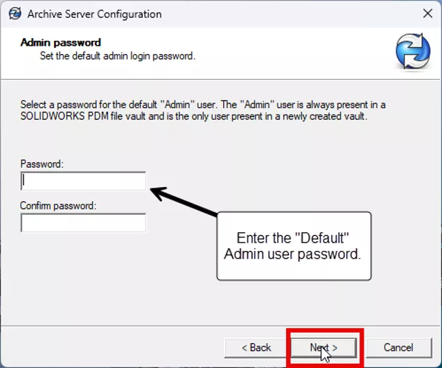 SOLIDWORKS PDM Enter Default Admin User Password