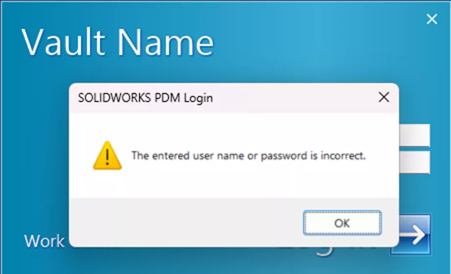 Solve SOLIDWORKS PDM Error The Entered User Name or Password is Incorrect