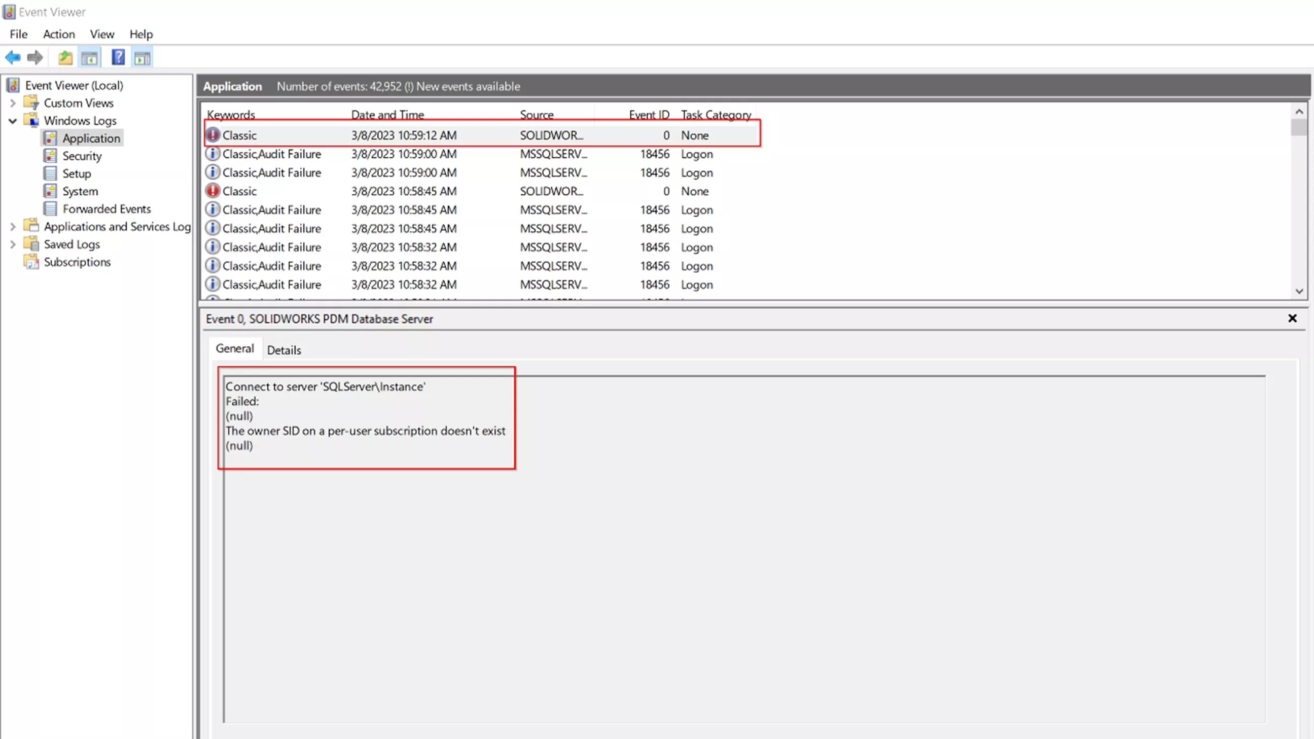 SOLIDWORKS PDM Error: The Owner SID on a Per-User Subscription Doesn't Exist