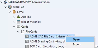 Open a File Card in SOLIDWORKS PDM 