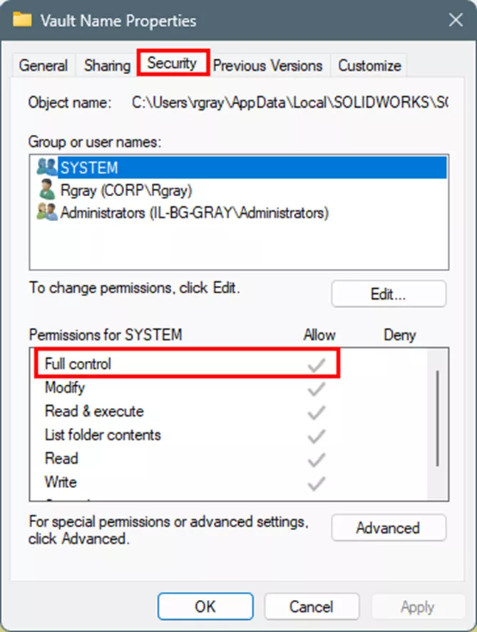 SOLIDWORKS PDM Full Control Permissions