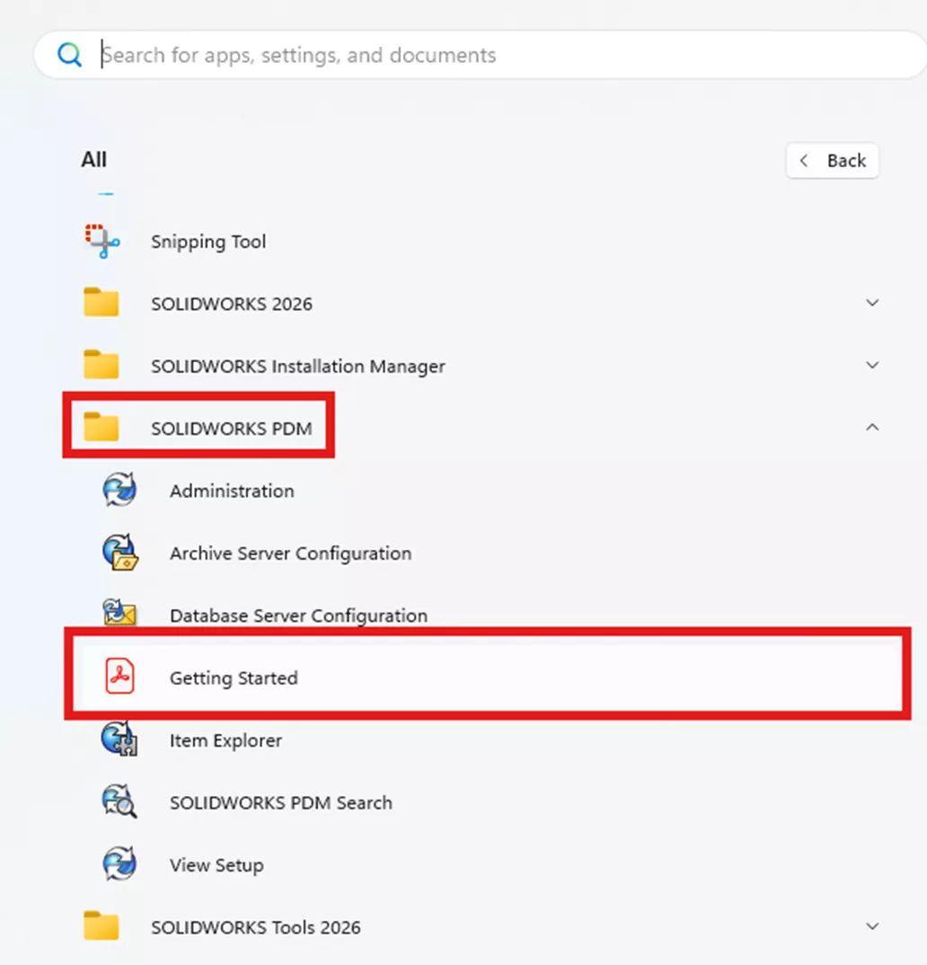Locate SOLIDWORKS PDM Getting Started Guides via Windows Start Menu