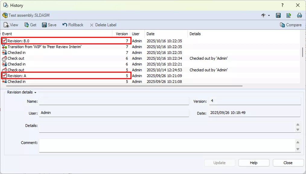 The History dialog for a file, showing the version-specific revisions as separate line items